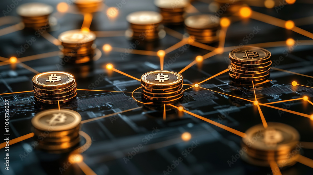 Poster digital currency network with bitcoin coins connected by lines