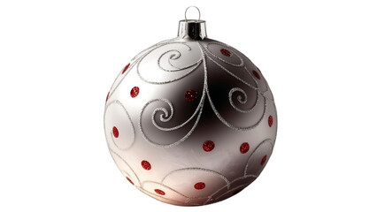 Silver color ball with red dots and sparkling silver lines designs and a hook on top for decoration of charismas tree and house