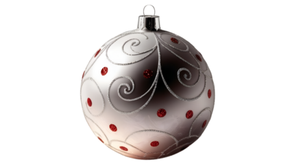 Silver color ball with red dots and sparkling silver lines designs and a hook on top for decoration of charismas tree and house