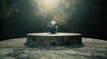A globe of Earth on a stone pedestal against a dark, textured background