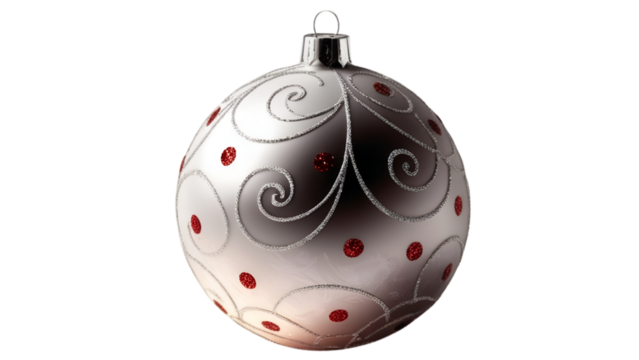 Silver color ball with red dots and sparkling silver lines designs and a hook on top for decoration of charismas tree and house
