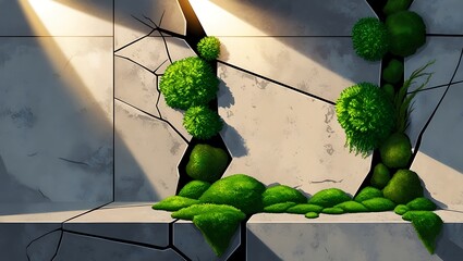 Sunlit Cracked Wall With Lush Moss Growth