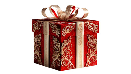 A red color gift box wrapped with designer paper with a ribbon