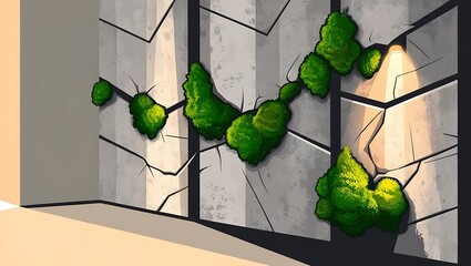 Moss Growing Through Cracked Concrete Wall