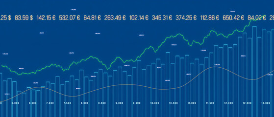 Abstract stock exchange concept with bar graph, market data and stock chart. Financial marekts, bull market, progress, ticker board.