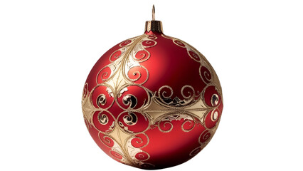 red color ball with golden designs and a hook on top for decoration of chtrismas tree and house.