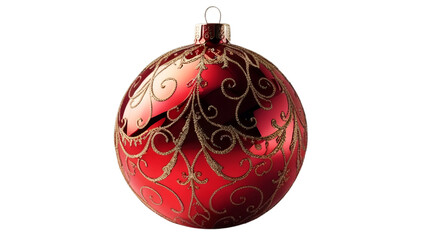 Red color ball with golden designs and a hook on top for decoration of charismas tree and house