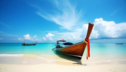 Fototapeta premium Tranquil beach escape with traditional wooden boat