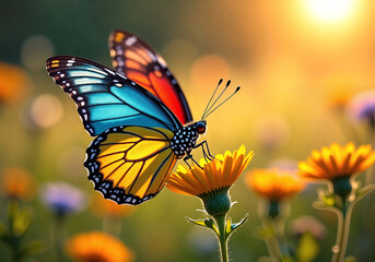 Fototapeta premium A Whimsical Butterfly Dancing Through a Sun-Drenched Meadow Filled with Vibrant Colors and Delicate Flora Under Soft Golden Light