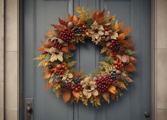 Beautiful autumn wreath made of leaves, berries, and burlap hanging on a door, Thanksgiving, harvest