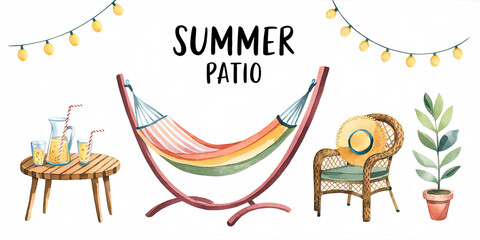 Fototapeta premium Whimsical Watercolor Patio Scene with Garden Lights and Fresh Blooms