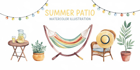 Fototapeta premium Summer Garden Patio Watercolor with Floral Decorations and Hanging Lights