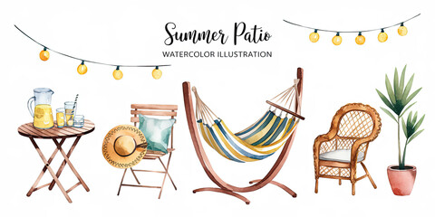 Fototapeta premium Charming Watercolor Summer Patio with Vintage Style Furniture and Plants