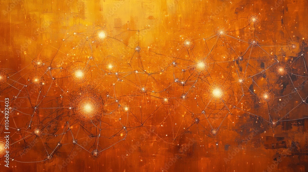 Poster abstract representation of networks and connections in warm orange tones.