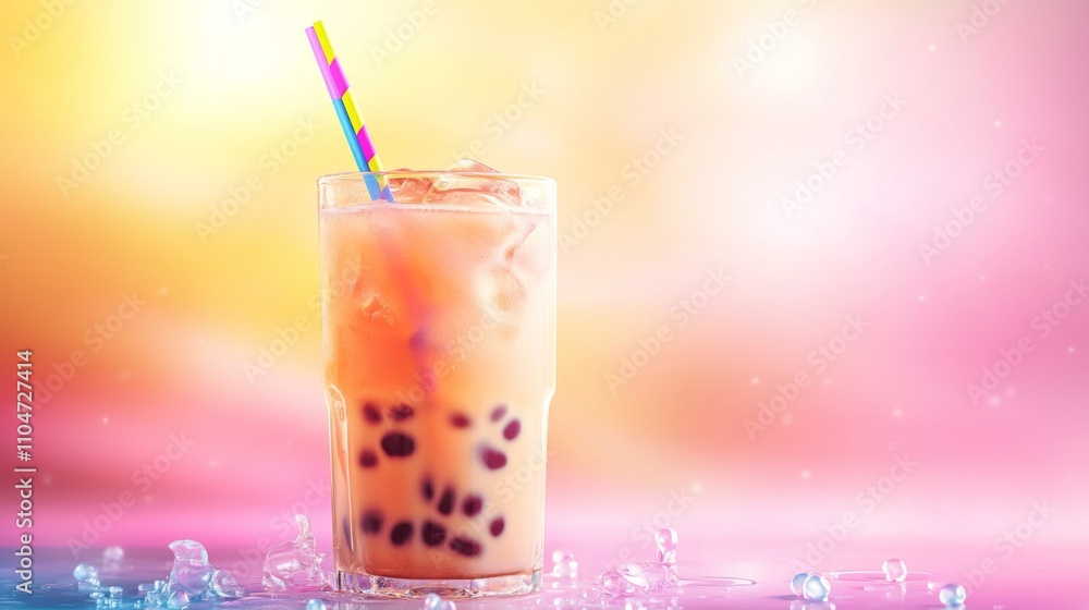 Poster Refreshing Ice Infused Beverage with Colorful Straw on Vibrant Background