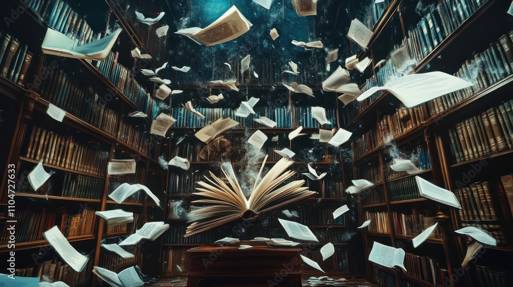 Poster a mystical library scene with an open book and flying pages, evoking imagination and knowledge.