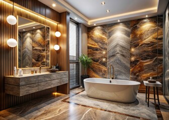 Elegant 3D Interior of a Brown Grey Marble Bathroom Featuring a Luxurious Bathtub for Relaxation and Modern Design Inspiration