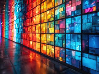 Colorful stained glass window with a geometric pattern casts vibrant light on a wooden floor