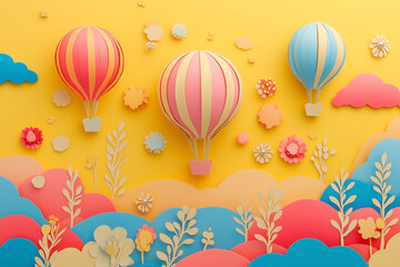 Papercut art style. New year festival with balloons.