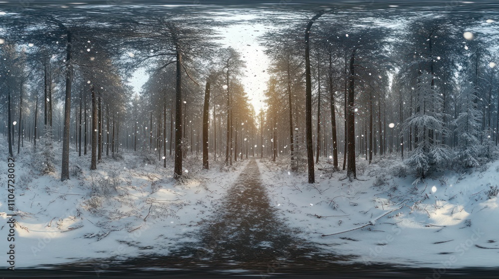 Poster a serene winter forest path with snow and sunlight filtering through the trees.