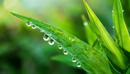 Naklejka premium a close-up image of dewdrops on the leaves of plants in the early morning
