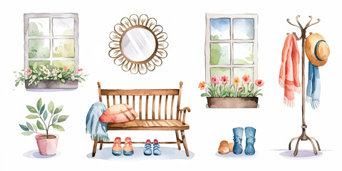 Obraz premium Cozy Spring Entryway Watercolor Illustration with Floral Accents