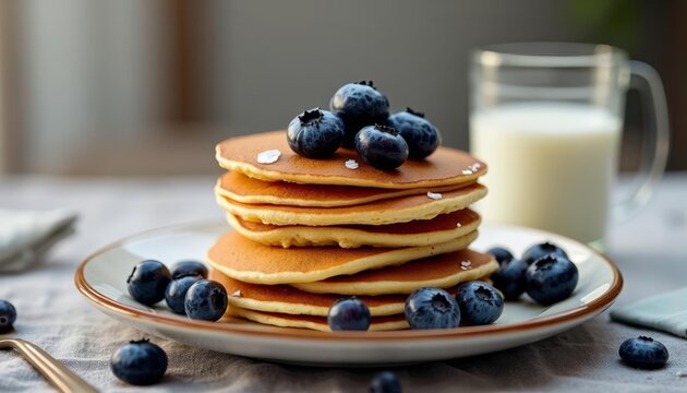  Delicious Blueberry Pancakes with a glass of milk