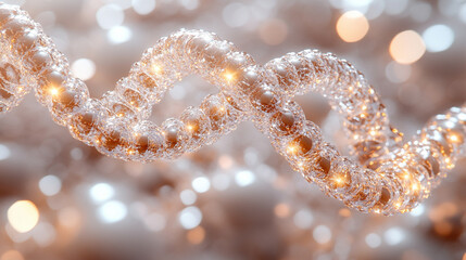 glowing DNA strand with sparkling light effects, symbolizing innovation, genetics, and the complexity of life at the molecular level, with vibrant energy and scientific beauty