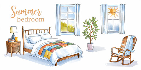 Cozy Summer Bedroom Watercolor Illustration with Soft Natural Light