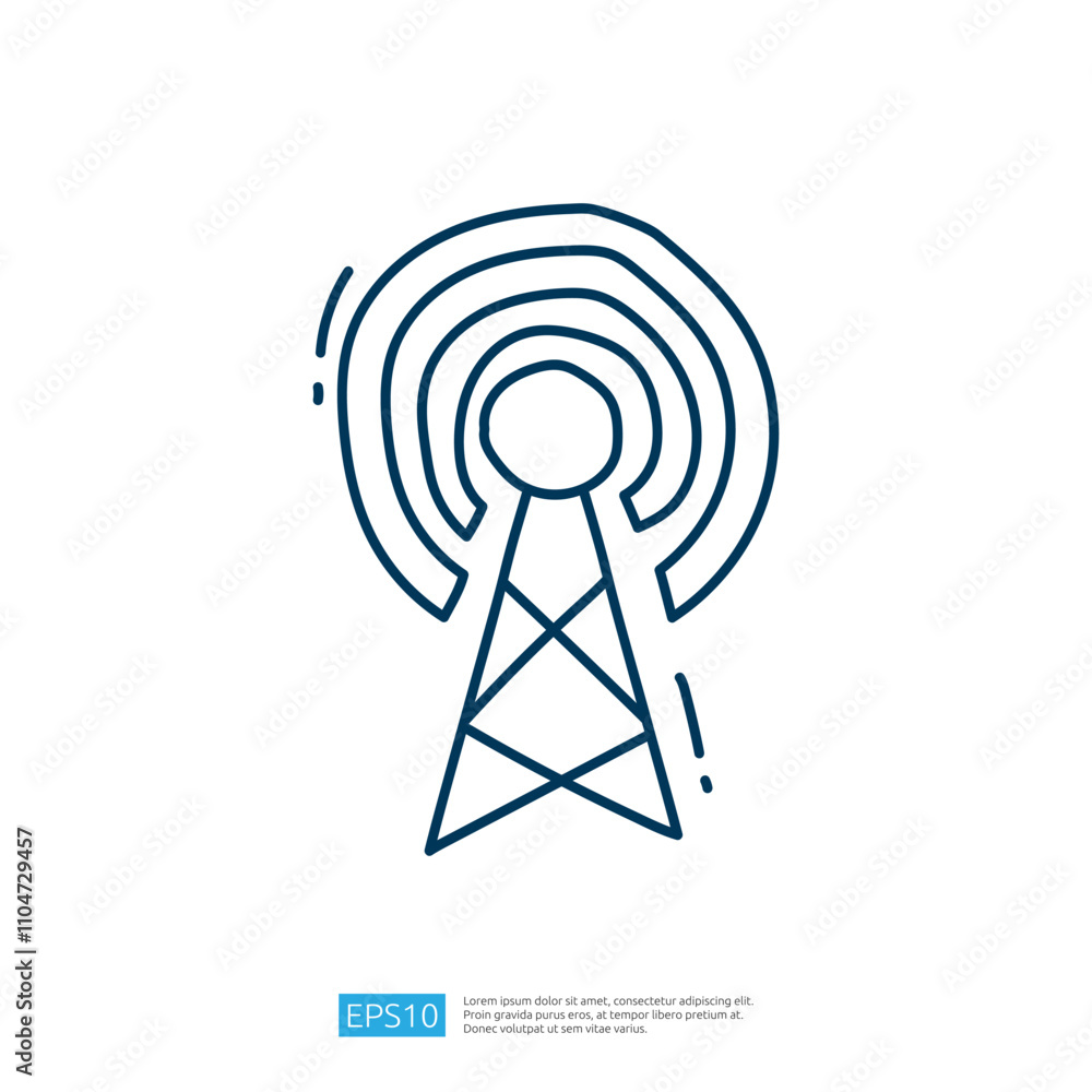 Poster a simple line drawing of a radio tower with radiating waves, symbolizing communication and technolog