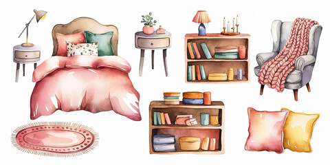 Cozy Watercolor Illustration of a Women's Bedroom