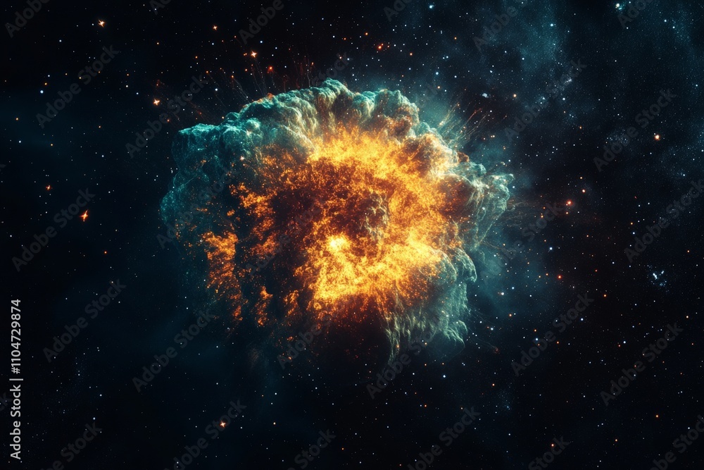 Poster an explosive stellar phenomenon glowing in deep space, capturing the energy and intensity of astrono