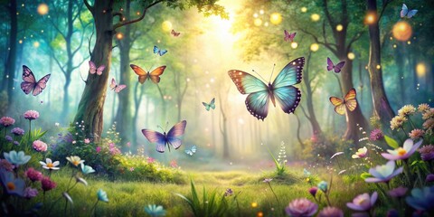 Serene garden with holographic butterflies in enchanted woodland landscape, serene, glowing, garden, holographic