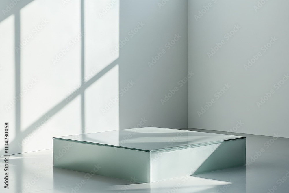 Poster a sleek glass platform positioned under sunlight cast geometric shadows across it, creating an artfu
