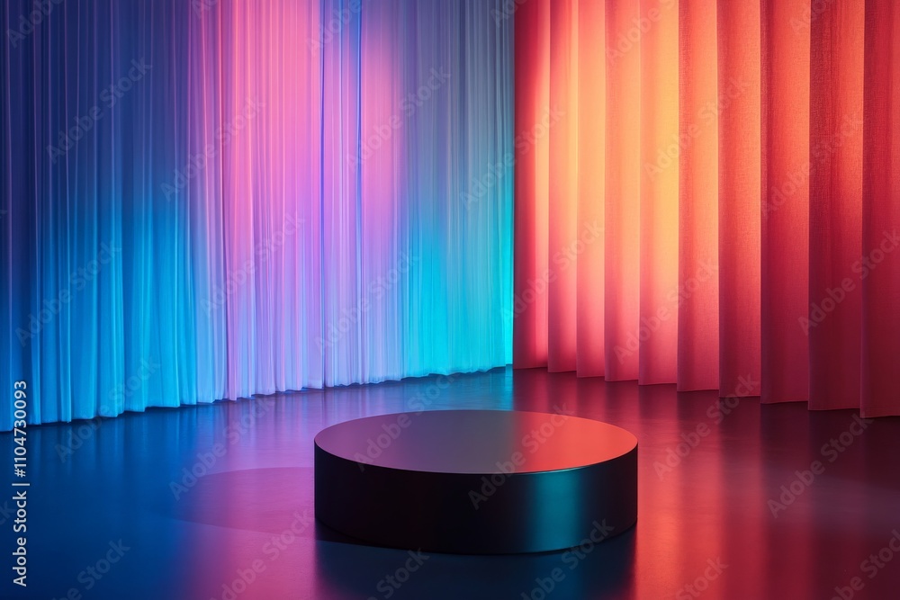 Poster a round black podium is dramatically lit with vibrant colored curtains behind it, creating a dynamic