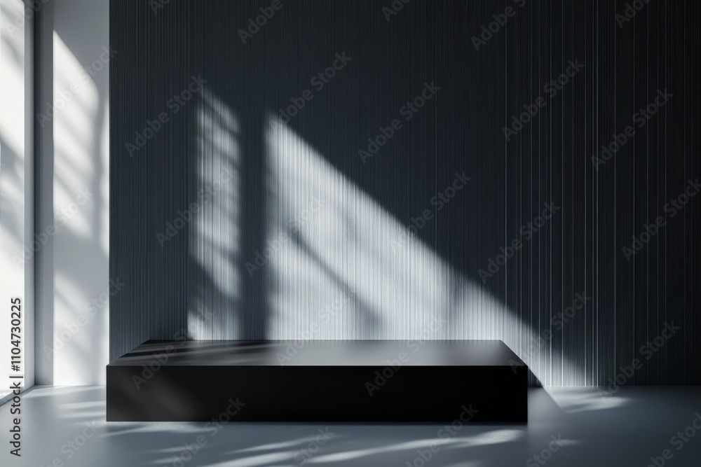 Fototapete A dark pedestal is bathed in contrasting shadow patterns from window light, creating a minimalist yet dramatic scene within the simplicity of the room.