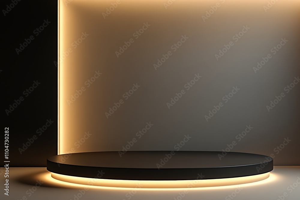 Poster a modern and sleek platform outlined by warm illumination sits against a dark background. it exudes 