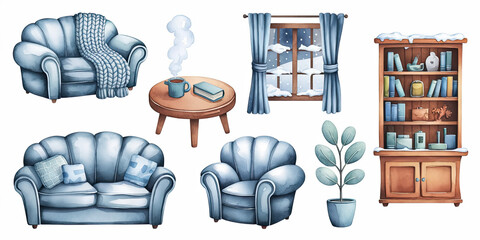 Cozy Winter Living Room Watercolor Illustration
