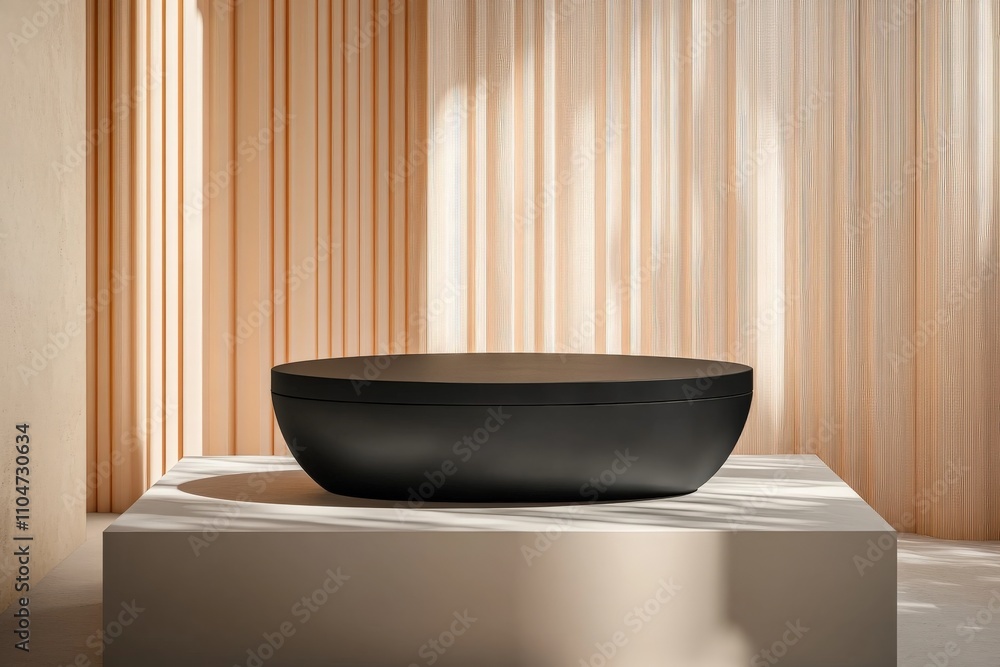 Poster a large black bowl-shaped sculpture sits centrally on a square pedestal, set against a curtain backd