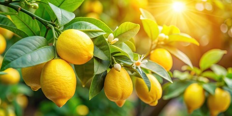 Close-up of vibrant lemon flowers with green leaves in a sunlit garden, citrus, blooms, yellow, petals, natural, organic