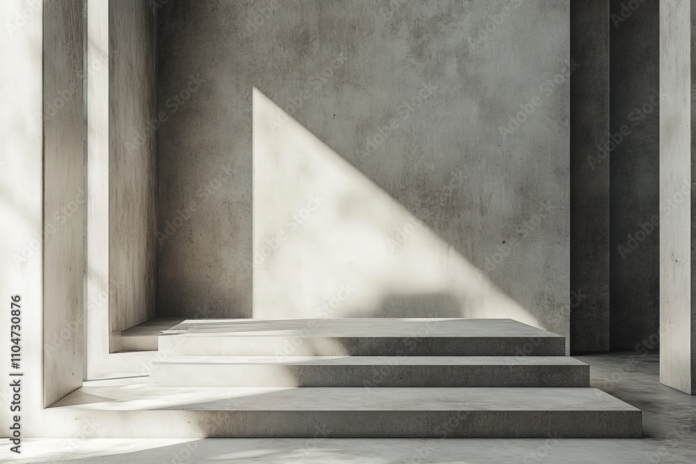 Aufkleber Concrete stairs highlighted by dynamic sunlight in a minimalist space create an abstract, dramatic visual, symbolizing progression and modern architectural art.