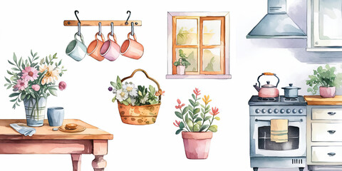 Fresh Spring Kitchen Watercolor Illustration