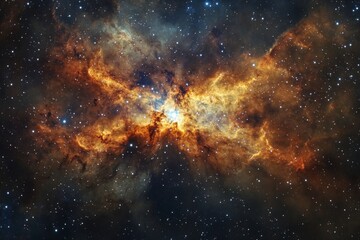 Naklejka premium A spectacular fiery nebula illuminating the cosmos, revealing an extraordinary display of vibrant energy and the dynamic nature of the universe.