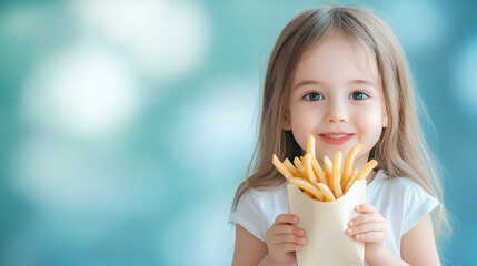 Woman enjoying a quick, salty snack with crispy fries and a refreshing glass of water