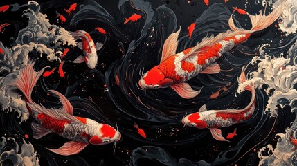 Vibrant Koi Fish Artwork with Dynamic Waves and Rich Colors