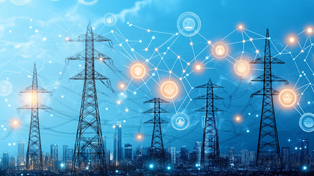Smart Grid Powering the City: Futuristic digital overlay on high voltage power pylons and cityscape at night, showcasing the interconnectedness of modern energy infrastructure. 