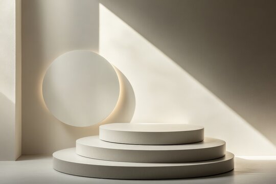 An elegant minimalist arrangement of round platforms and a circular backdrop, enhanced by soft shadows and sunlight, creating a serene and harmonious visual experience.