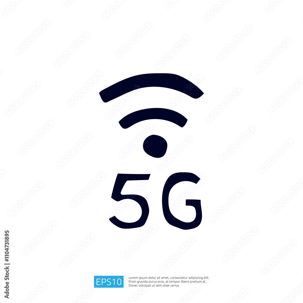Poster the image features a simple graphic representation of a 5g signal with a wave symbol above the text 