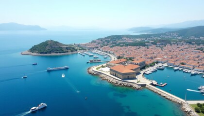 Fototapeta premium Vibrant coastal cityscape with bustling harbor and picturesque island