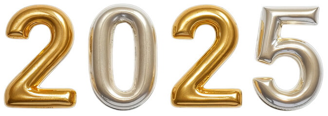 Text '2025' in golden with colorful fireworks golden white gift box and new year stuff decorative isolated on transparent background